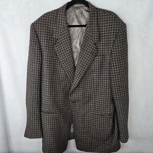 VTG Black Houndstooth Blazer Mens Union Made USA 70's Sport Coat 46L 100% Wool